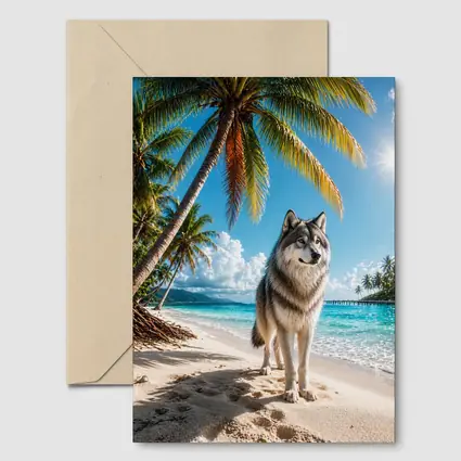 Wolf Standing on Sunny Tropical Beach