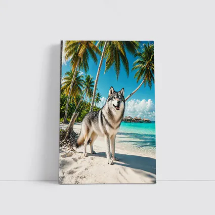 Wolf Standing on Tropical Beach Palm Trees