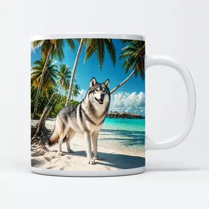 Wolf Standing on Tropical Beach Palm Trees