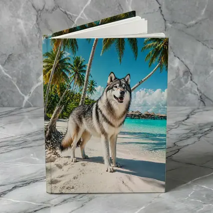 Wolf Standing on Tropical Beach Palm Trees