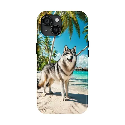Wolf Standing on Tropical Beach Palm Trees