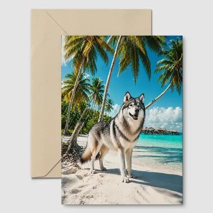 Wolf Standing on Tropical Beach Palm Trees