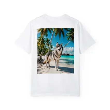 Wolf Standing on Tropical Beach Palm Trees