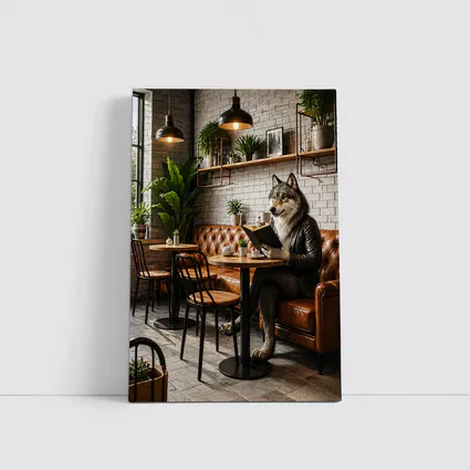 Wolf Reading Book in Industrial Cafe