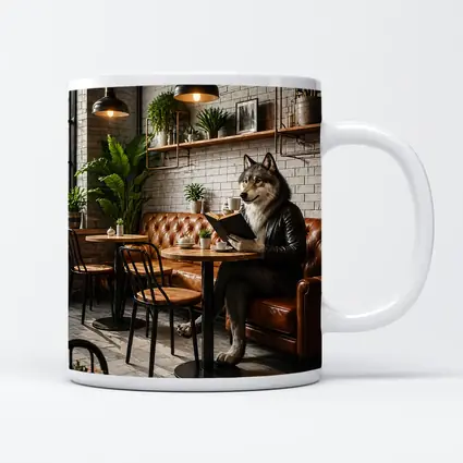 Wolf Reading Book in Industrial Cafe