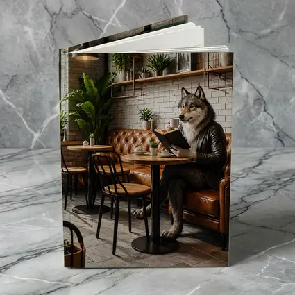 Wolf Reading Book in Industrial Cafe