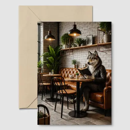 Wolf Reading Book in Industrial Cafe