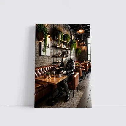 Wolf Reading Book in Cozy Cafe