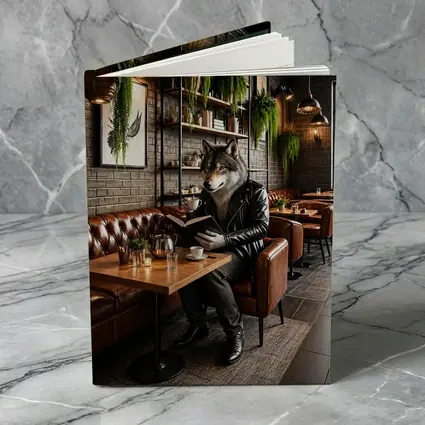 Wolf Reading Book in Cozy Cafe