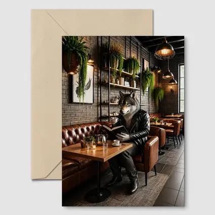 Wolf Reading Book in Cozy Cafe