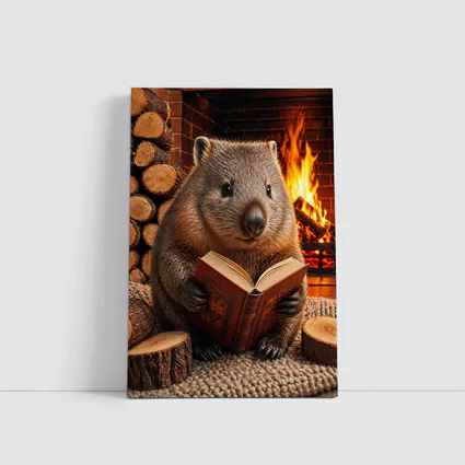 Wombat Reading Book By Cozy Fireplace
