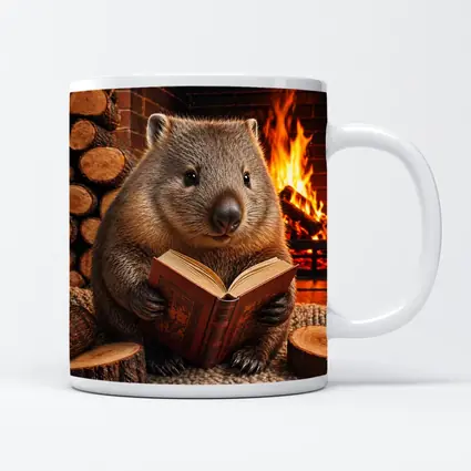 Wombat Reading Book By Cozy Fireplace