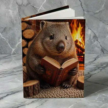 Wombat Reading Book By Cozy Fireplace