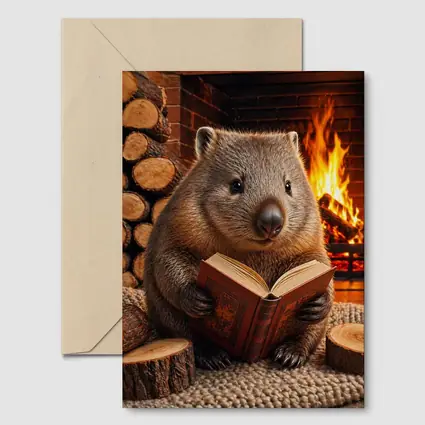 Wombat Reading Book By Cozy Fireplace