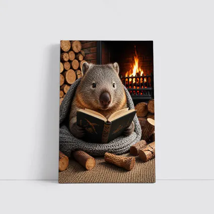 Wombat Reading Book by Cozy Fireplace