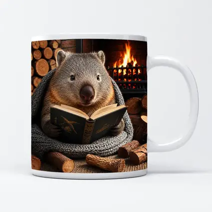 Wombat Reading Book by Cozy Fireplace