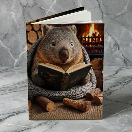 Wombat Reading Book by Cozy Fireplace