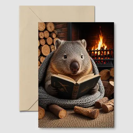 Wombat Reading Book by Cozy Fireplace