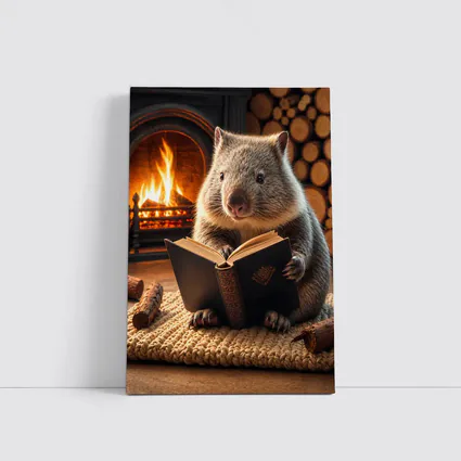 Wombat Reading Book By Cozy Fireplace