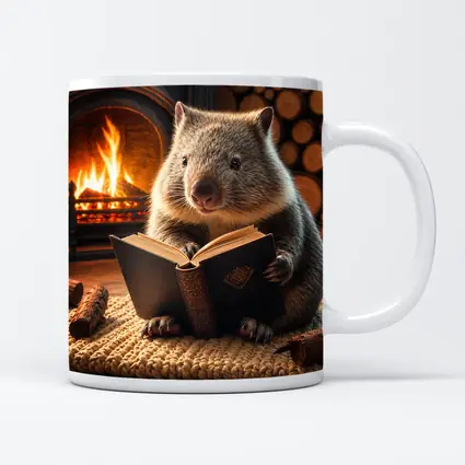 Wombat Reading Book By Cozy Fireplace