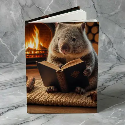 Wombat Reading Book By Cozy Fireplace