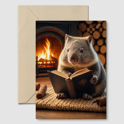 Wombat Reading Book By Cozy Fireplace