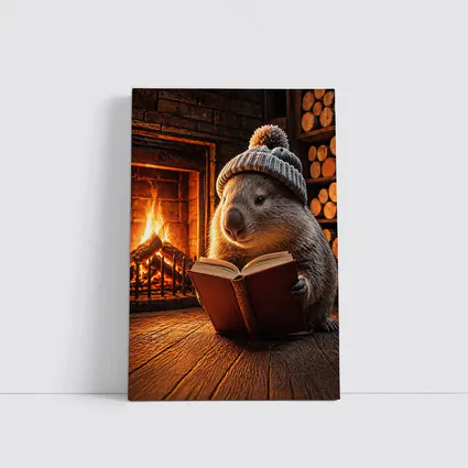 Wombat Reading Book By Cozy Fireplace