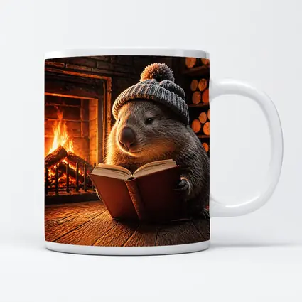 Wombat Reading Book By Cozy Fireplace