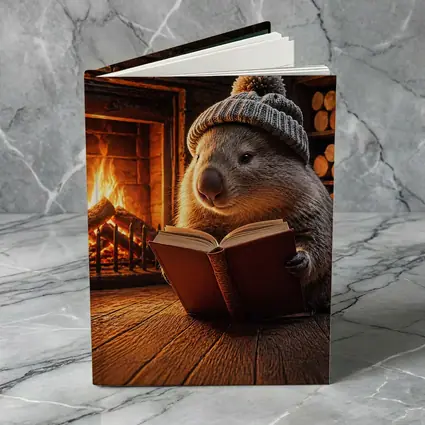 Wombat Reading Book By Cozy Fireplace