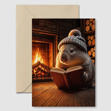 Wombat Reading Book By Cozy Fireplace