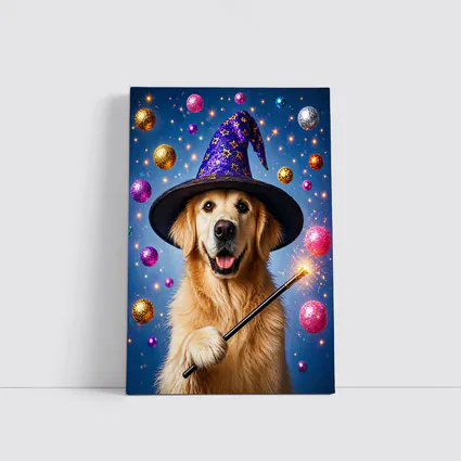 Golden Retriever Wizard Hat Magic Wand Blue