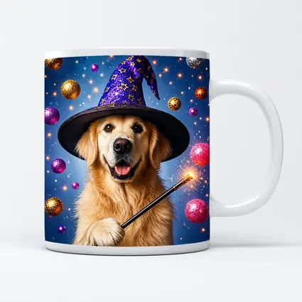 Golden Retriever Wizard Hat Magic Wand Blue