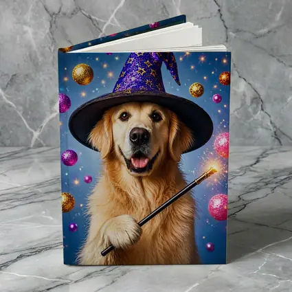 Golden Retriever Wizard Hat Magic Wand Blue