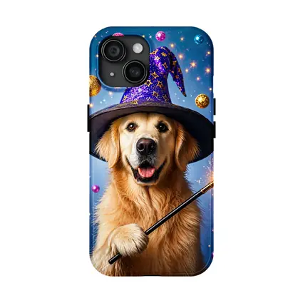 Golden Retriever Wizard Hat Magic Wand Blue