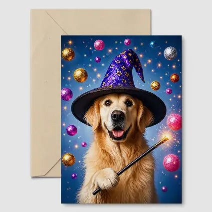 Golden Retriever Wizard Hat Magic Wand Blue