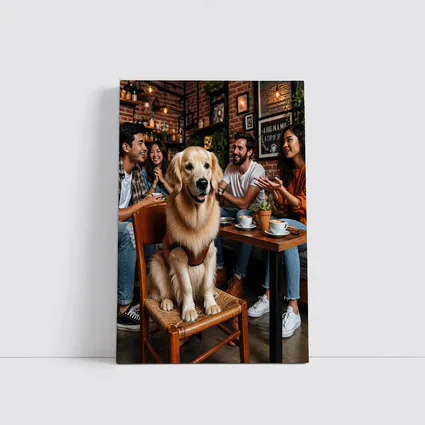 Golden Retriever Sitting in Cozy Coffee Shop