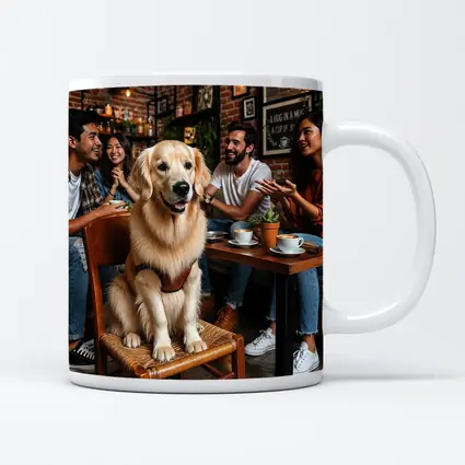 Golden Retriever Sitting in Cozy Coffee Shop