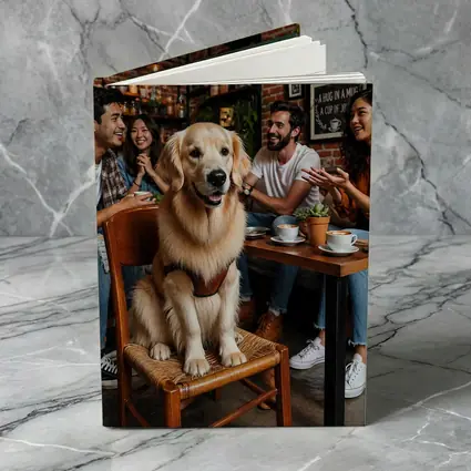 Golden Retriever Sitting in Cozy Coffee Shop