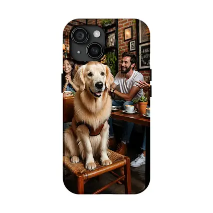 Golden Retriever Sitting in Cozy Coffee Shop