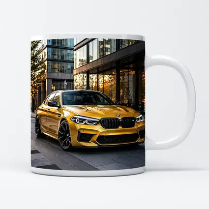 BMW M5 Gold Sedan Urban Glass Buildings