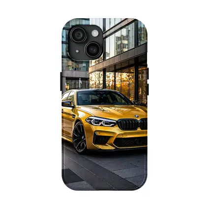 BMW M5 Gold Sedan Urban Glass Buildings