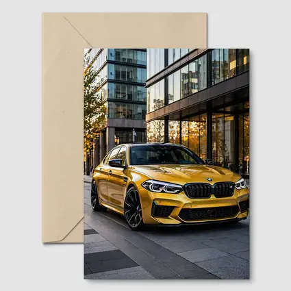 BMW M5 Gold Sedan Urban Glass Buildings