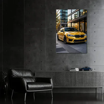BMW M5 Gold Sedan Urban Glass Buildings