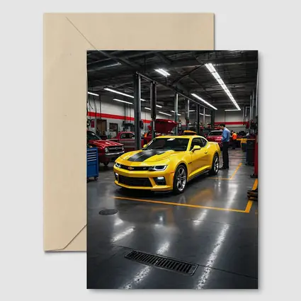 Yellow Chevrolet Camaro Inside Auto Service Shop