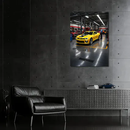 Yellow Chevrolet Camaro Inside Auto Service Shop