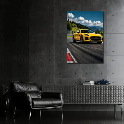 Yellow Jaguar F-Type Racing on Track