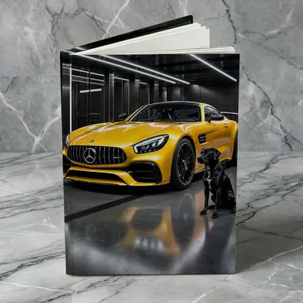 Yellow Mercedes AMG GT Black Labrador Garage