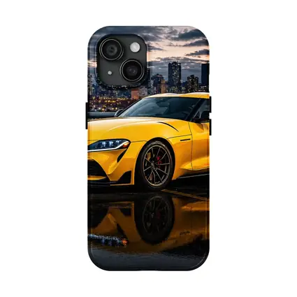 Yellow Toyota Supra City Night Reflection