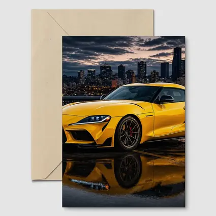 Yellow Toyota Supra City Night Reflection