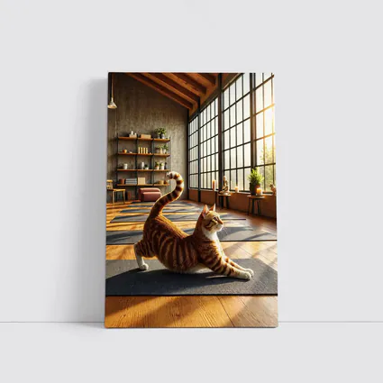 Orange Tabby Cat Stretching in Yoga Studio